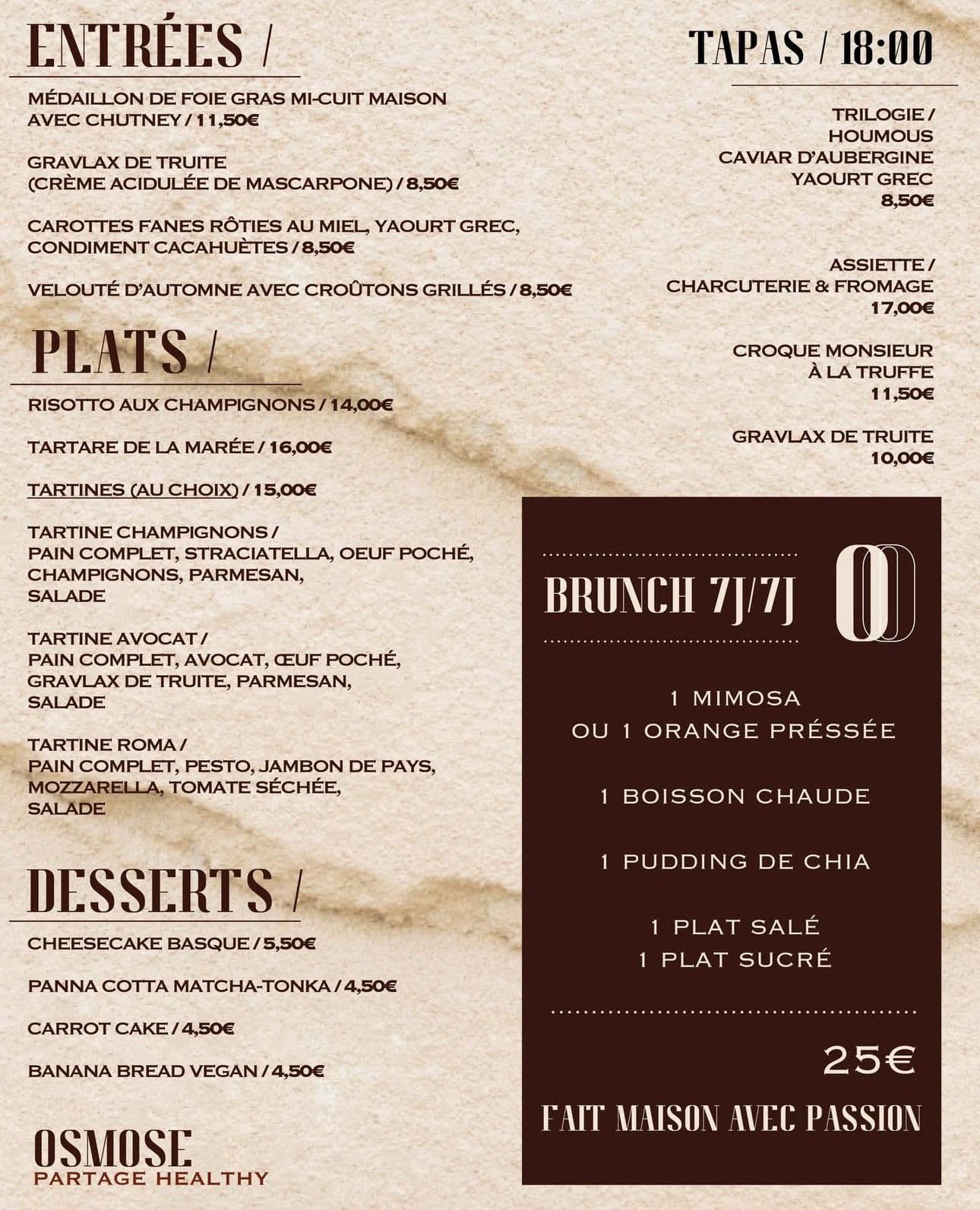 Carte des plats Osmose Bordeaux